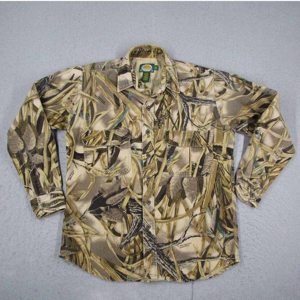 Cabelas Mens Advantage Wetlands Camo Button Down Shirt Long Sleeve Cotton Medium